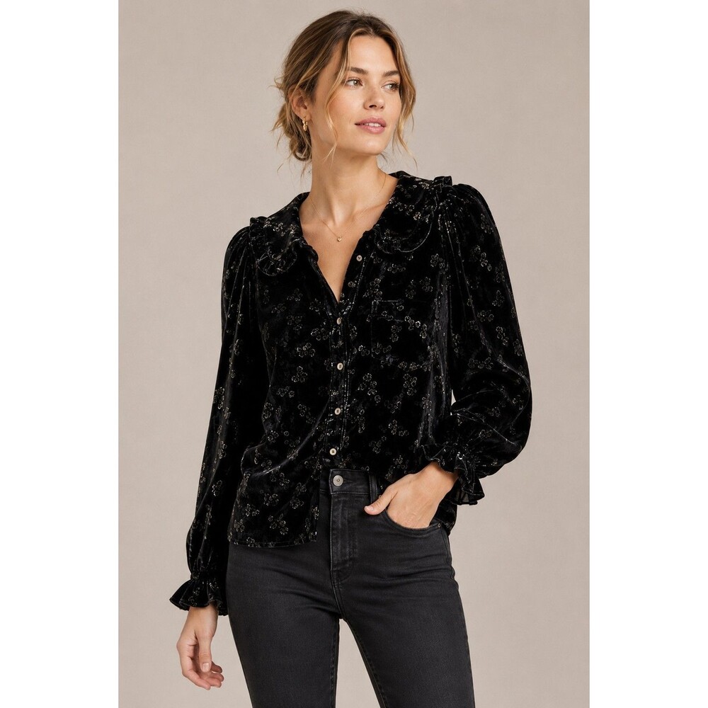 Anthropologie Pilcro Keira Blouse 2X Black Velvet Floral Peter Pan Collar Plus